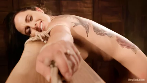 Master fists the vagina of a bound slave with a big tattoo on her back