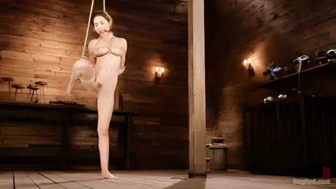 The gentleman hung Melissa Moore from the ceiling with ropes and fucked her with a stick with a dildo