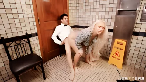 Ass-eating MILF Nina Kay fucks in the toilet with a young waiter