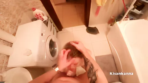 Russian woman performs throat blowjob with ice cubes in her mouth