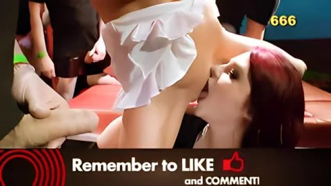 Red-haired crumpet and blondie lick cunts and get drunk on male urine at an orgy